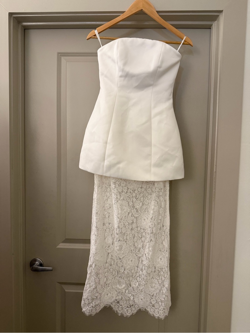 Lovers + Friends Serena Midi Dress in White - Strapless Peplum Dress Lace Skirt